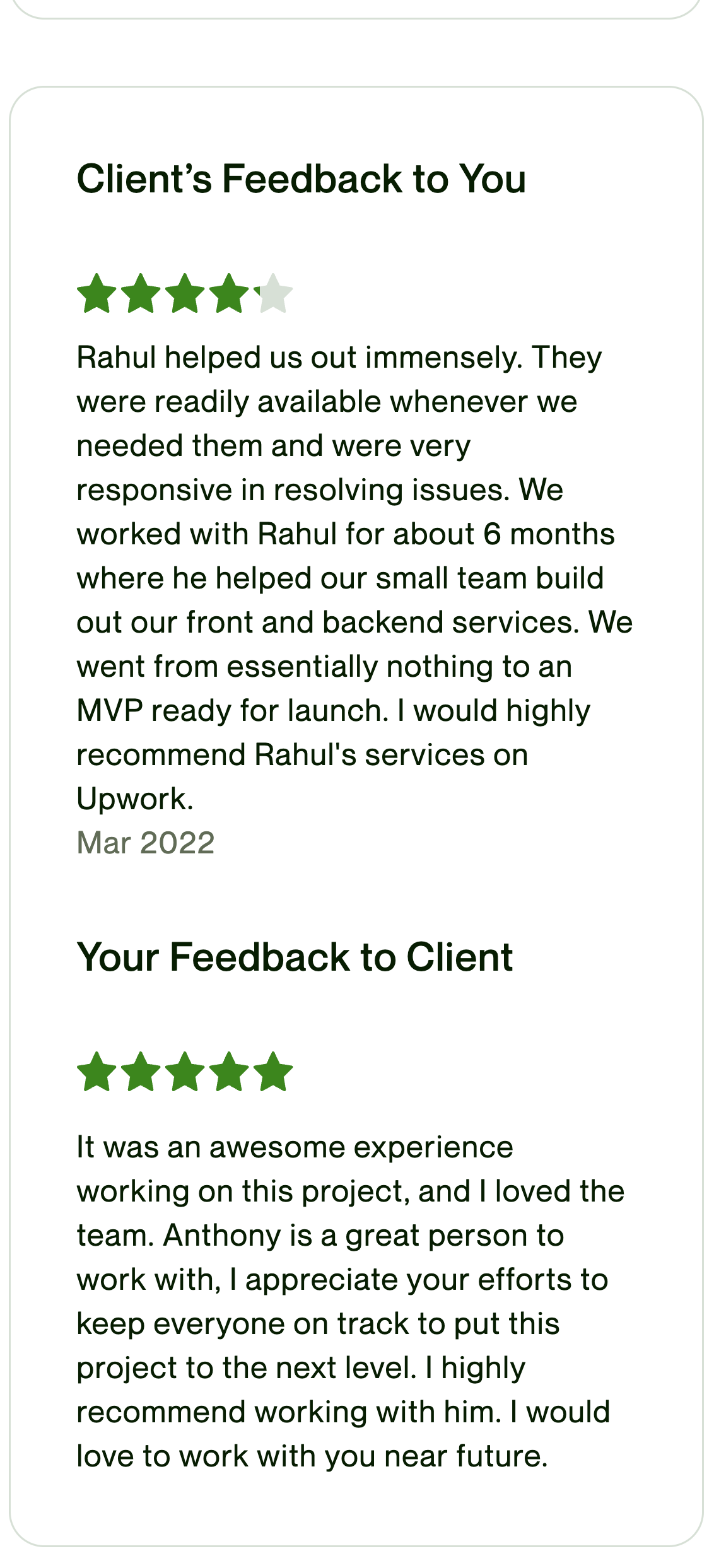 Client feedback screenshot