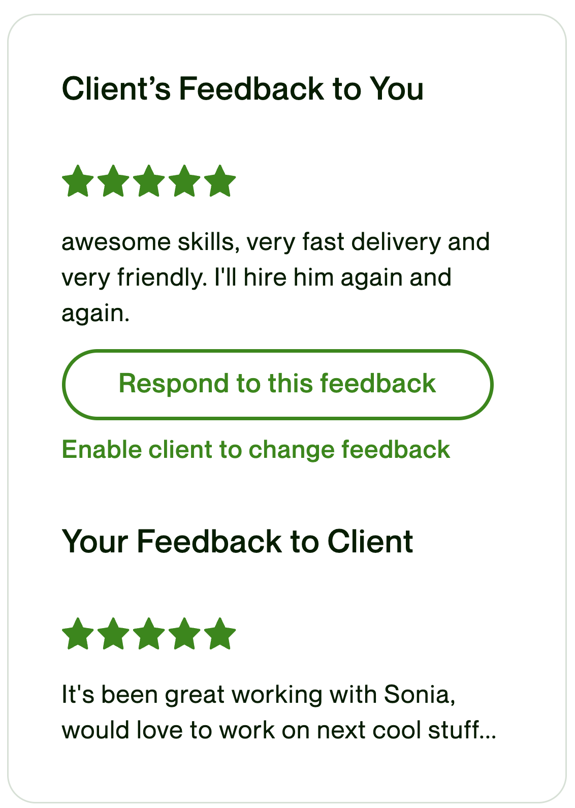 Client feedback screenshot
